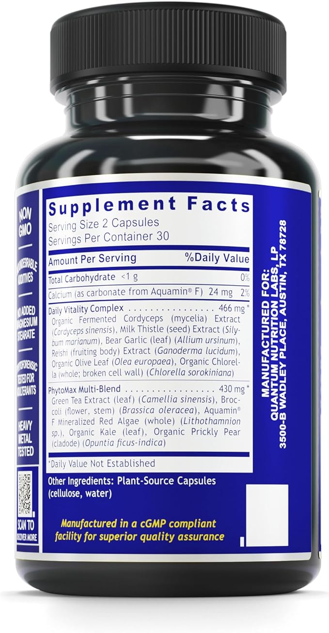 Quantum Nutrition Labs Daily Multivitamin - Multivitamin for Men and Women Daily Nutrition Supplements with Calcium for Adults Made with Cordyceps and Green Tea - 60 Vegetarian Capsules
