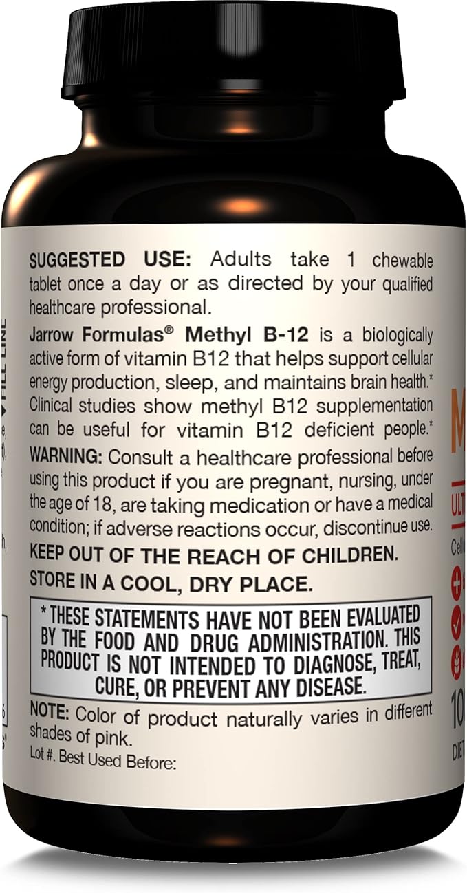 Jarrow Formulas Ultra Strength Methyl B-12 Dietary Supplement for Cellular Energy Production 100 Tropical-Flavored Chewable Tablets Up to a 100 Day Supply Pack of 12