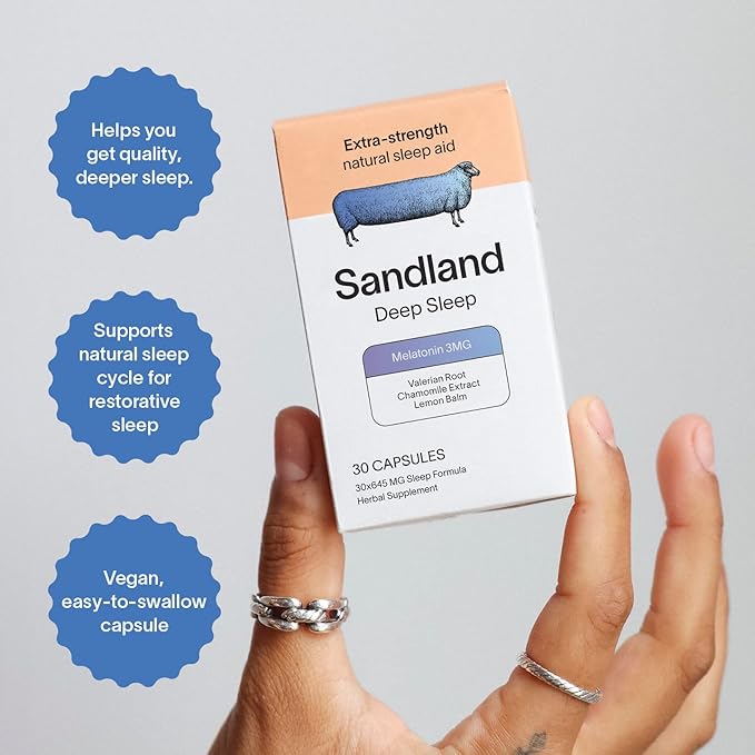 Sandland Deep Sleep with Melatonin Natural Daily Sleep Supplement 30 Capsules 3mg Melatonin Magnesium Valerian Root L-Theanine Lemon Balm and Chamomile Made in The USA