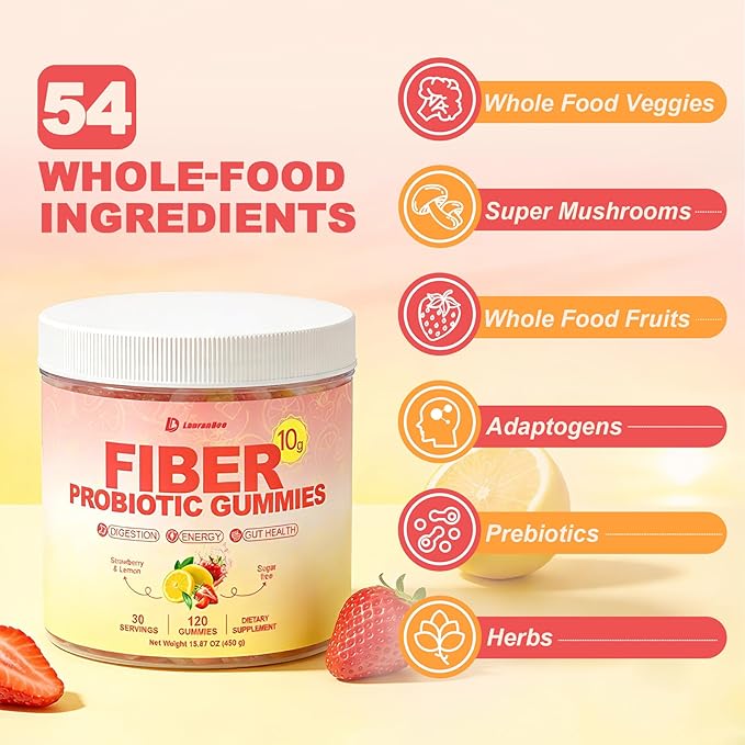 10g Fiber Gummies for Adults with 60 Billion CFU Probiotics Sugar Free Fiber Supplement with Organic Super Greens &amp Digestive Enzymes Supports Gut Health Energy &amp Regularity Vegan 120 Cou