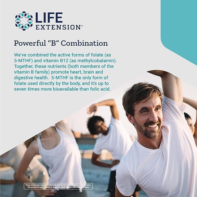 Life Extension BioActive Folate &amp Vitamin B12 150 Vegetarian Capsules (Pack of 2) Non GMO Gluten Free