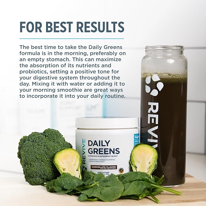 Revive MD Daily Green Powder Superfood (Chocolate) - Supergreens Powder to Support Energy Levels - Green Juice That Improves Fiber Intake - Vegetable Supports Digestion and Gut Health (30 Servings)