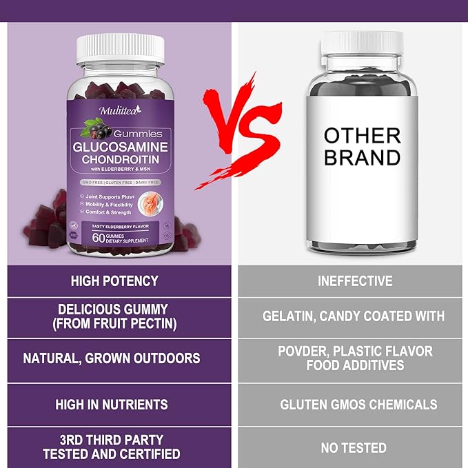 Mulittea Glucosamine Chondroitin Gummies - Extra Strength Joint Support Supplement with MSM &amp Elderberry for Natural Joint Antioxidant Immune Support for Adults Men &amp Women-(2 Pack)