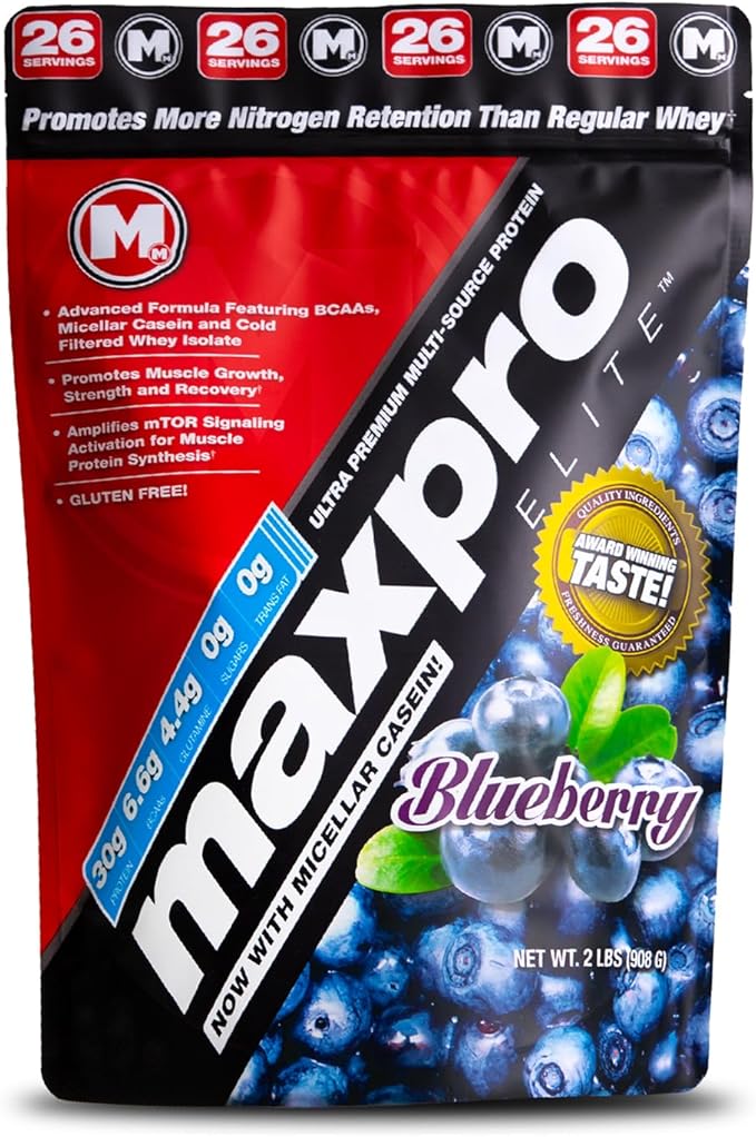 Max Muscle Maxpro Elite Whey Protein Powder | 30g Protein | 0g Sugar | 6.6g BCAAs | Micellar Casein Cold Filtered Whey Isolate Protein | Promotes Muscle Growth &amp Recovery (Blueberry 2lb)