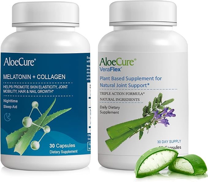 AloeCure Aloe Vera Capsules 2 Pack - VeraFlex 1btl Melatonin+Collagen 1btl