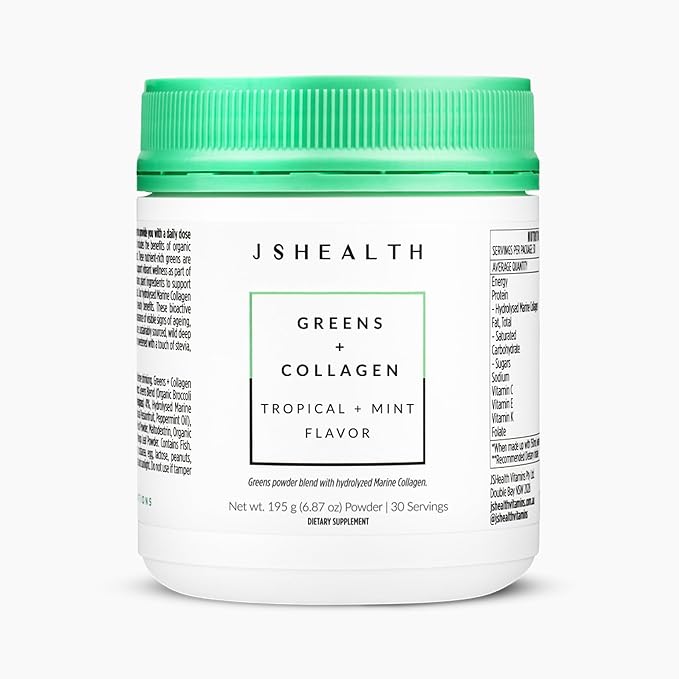 JSHealth Super Greens Powder - Greens &amp Collagen Powder - Superfood Powder with Marine Collagen Peptides Vitamins &amp Veggies 30 Servings