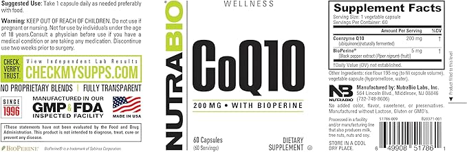NutraBio CoQ10 Dietary Supplement with Bioperine Healthy Heart Function &amp Cellular Energy Production 200mg - 60 Capsules