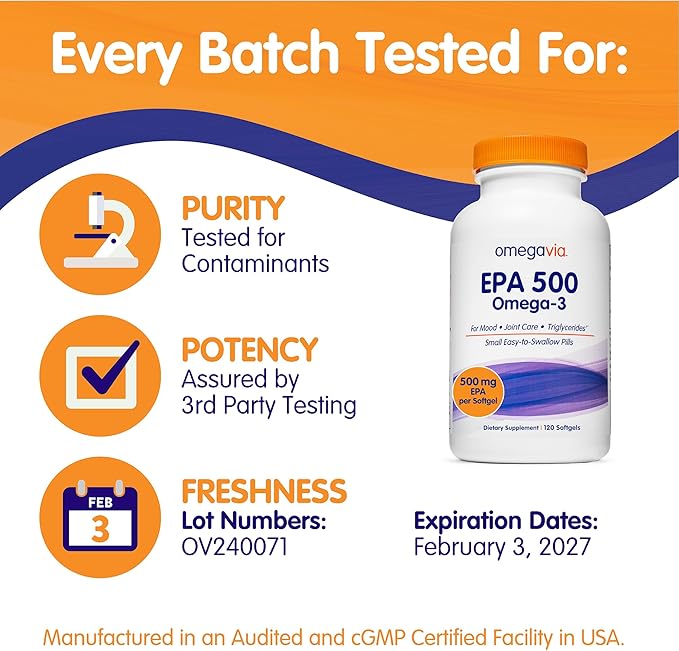 OmegaVia EPA 500 Purified Omega-3 Fish Oil Supplement 500 mg EPA in Triglyceride Form Burpless Fish Oil Non-GMO Gluten-Free IFOS 5-Star 120 Softgels