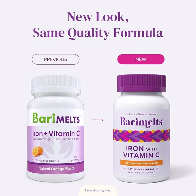 Barimelts Iron with Vitamin C 90 Fast-Dissolving Tablets (1-Month Supply) Sugar-Free Bariatric Iron Supplement for Women Natural Orange Flavor