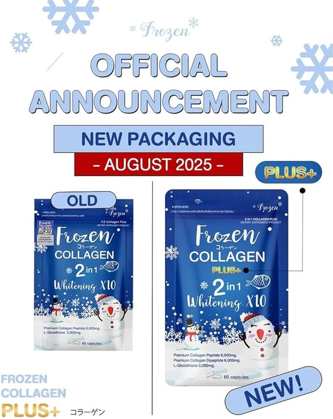 Frozen Collagen Plus+ 2-in-1 Marine Supplement - 100mg Collagen Peptide 100mg Collagen Dipeptide &amp 50mg L-Glutathione per Capsule for Skin Radiance - 120 Capsules (2-Pack)
