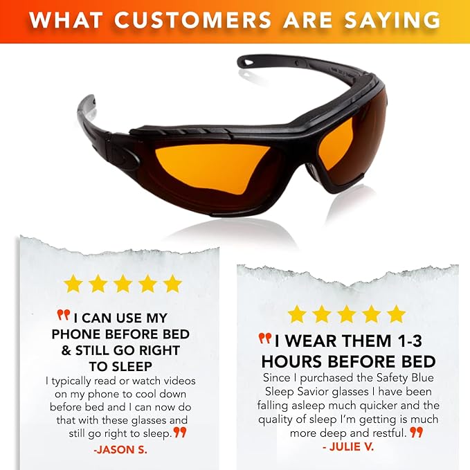 Sleep Savior Deluxe Amber Lens Glasses - Block Blue &amp Green Light Boost Melatonin Enhance Sleep Quality Reduce Eye Strain Interchangeable Strap Padded for Ultimate Comfort