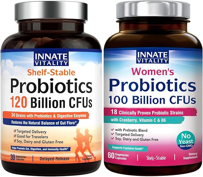 Innate Vitality Premium Probiotics Bundle - 100 Billion &amp 120 Billion CFUs Complete Digestive Support with Prebiotics Cranberry Vitamins C &amp B6 Immune Health Non-Refrigerated 90 Total Ca