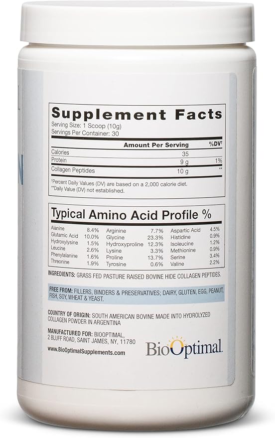 BioOptimal Collagen Peptides Powder - Grass-Fed Pasture-Raised Hydrolyzed Protein Supplement for Skin Hair &amp Nails - Non-GMO Zero Sugar Daily Supplement for Men &amp Women (30 Servings)