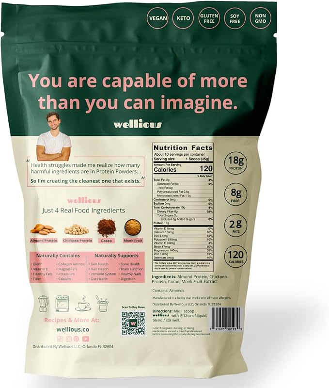 wellious Almond Protein Powder (Chocolate) - 18 Grams of Pure Healthiest Vegan Protein for Women &amp Men - Perfect Gluten-Free Soy-Free &amp Smooth Gut Friendly Protein Powder for Sports Nutrition