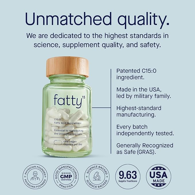 Fatty15 C15:0 Pentadecanoic Acid Supplement The Longevity Nutrient - 90 Vegan Capsules - 3X Cellular Benefits of Fish Oil EPA Omega 3 Supplements - Liver Support &amp Mitochondrial Health