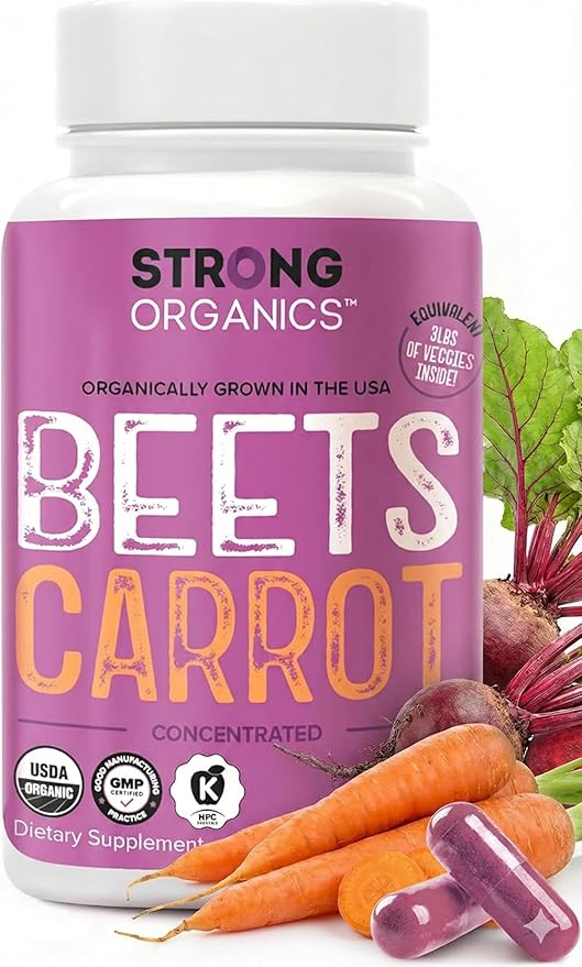 Beet &amp Carrot Juice Caps - USA Grown Organic Raw Cold Pressed for Eye Skin &amp Heart Health – Vegan Non GMO 120Ct