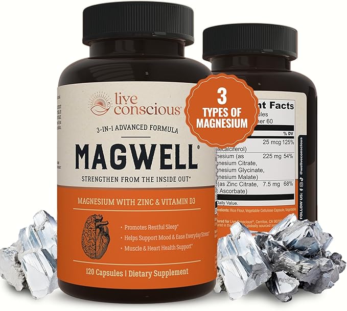 Live Conscious Magwell Magnesium Zinc &amp Vitamin D3 - Magnesium Glycinate Malate &amp Citrate - Triple Supplement for Women &amp Men - for Sleep Bone Heart Immune Support - 120 Caps