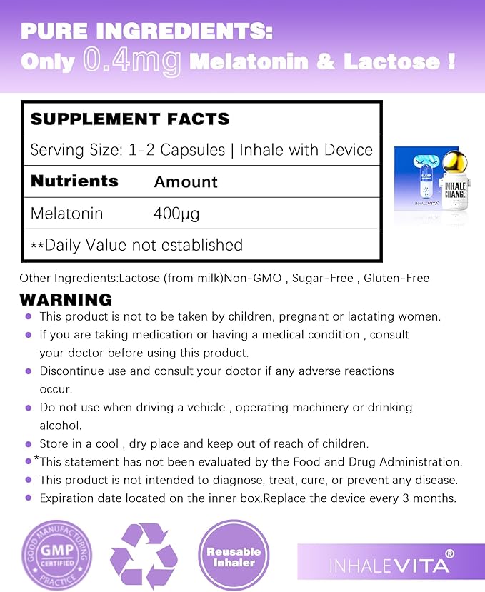 Melatonin Inhaler Sleep Aid Combo Green|Includes 15 Capsules &amp 1 Reusable Inhaler Fast-Acting with Advanced Absorption|0.4mg Low Dose Zero-Sugar|Wake Refreshed PortableNon-Habit Forming