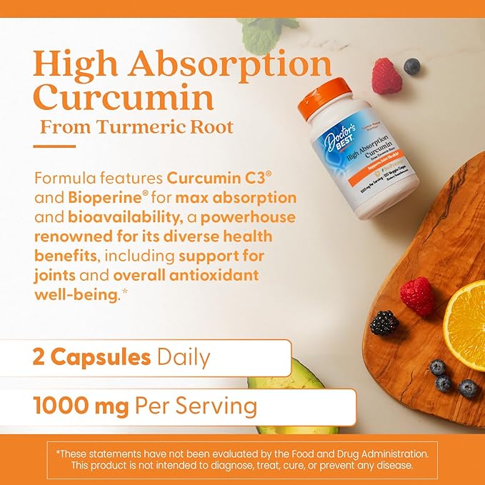Doctor's Best Turmeric Curcumin Supplement 1000mg for Men &amp Women - Curcumin Caps from Turmeric Root Black Pepper Extract (BioPerine) 95% Piperine Joint Health Support Non GMO - 120 Veg Capsul