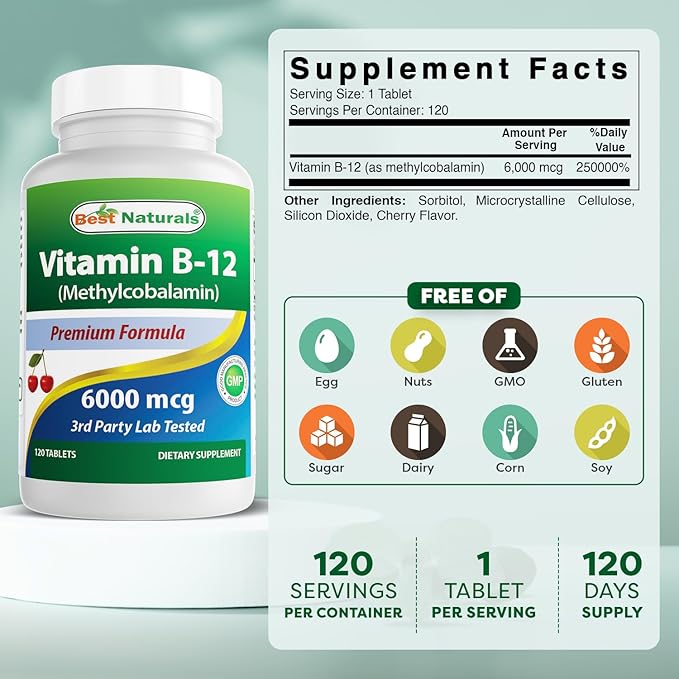 Best Naturals Vitamin B-12 as Methylcobalamin (Methyl B12) 6000 mcg 120 Sublingual Tablets (120 Count (Pack of 2))
