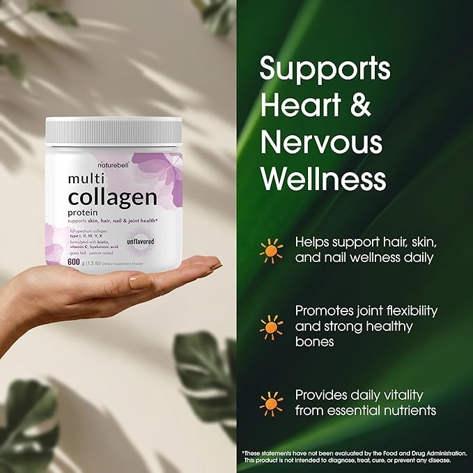 NatureBell Multi Collagen Protein Powder - 600g - Hydrolyzed Collagen Peptides - for Skin Hair Nail Joint &amp Bone Health Support* - Grass-Fed &amp Keto-Friendly - Unflavored