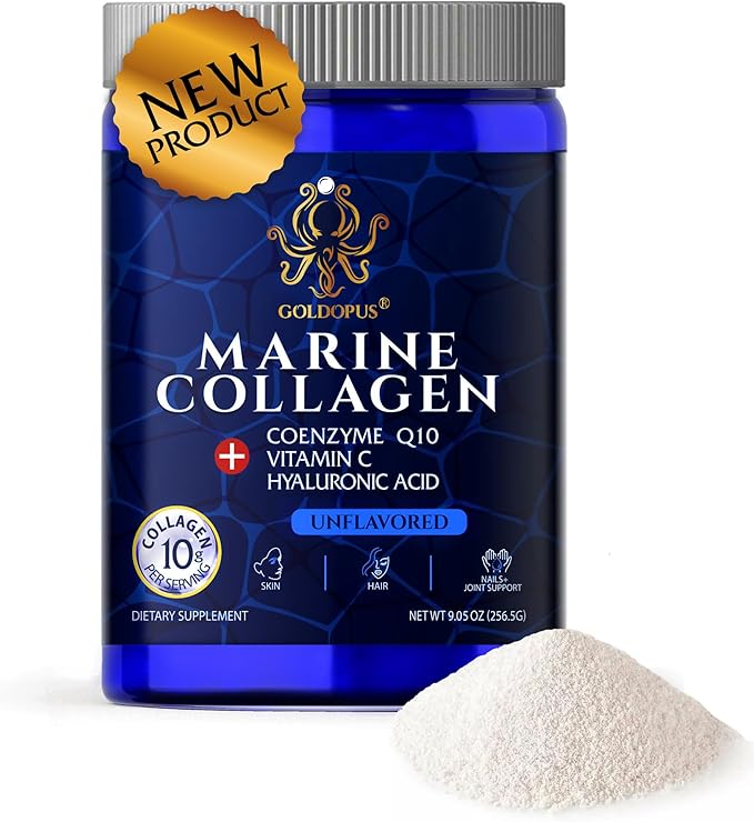 Marine Collagen Peptides Powder with Hyaluronic Acid Coenzyme Q10 Vitamin C - Promote Firm Skin Strong Nails&ampHair Healthy Joints - Hydrolyzed Collagen from Atlantic Cod - 10g per Serving