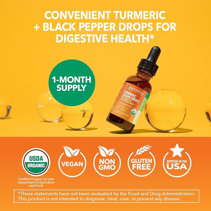USDA Organic Turmeric Liquid Drops with Black Pepper - 1000mg Curcumin Supplement for Immune &amp Digestive Health - 30 Servings - Enhanced Absorption - Non-GMO Vegan Gluten Free - Unflavored 1 Fl