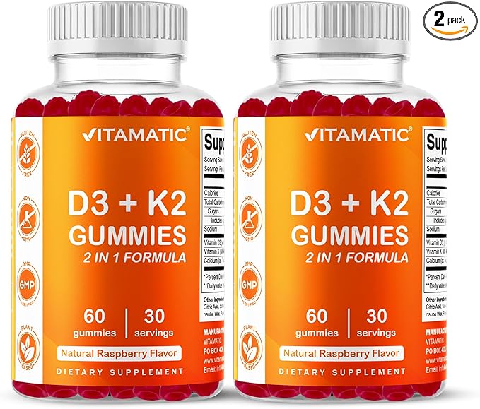 Vitamatic Vitamin D3 &amp K2 Gummies (2-Pack 60 Count) Supports Healthy Bones Heart Health Calcium Absorption and Immune Function Plant-Based Non-GMO Gluten-Free