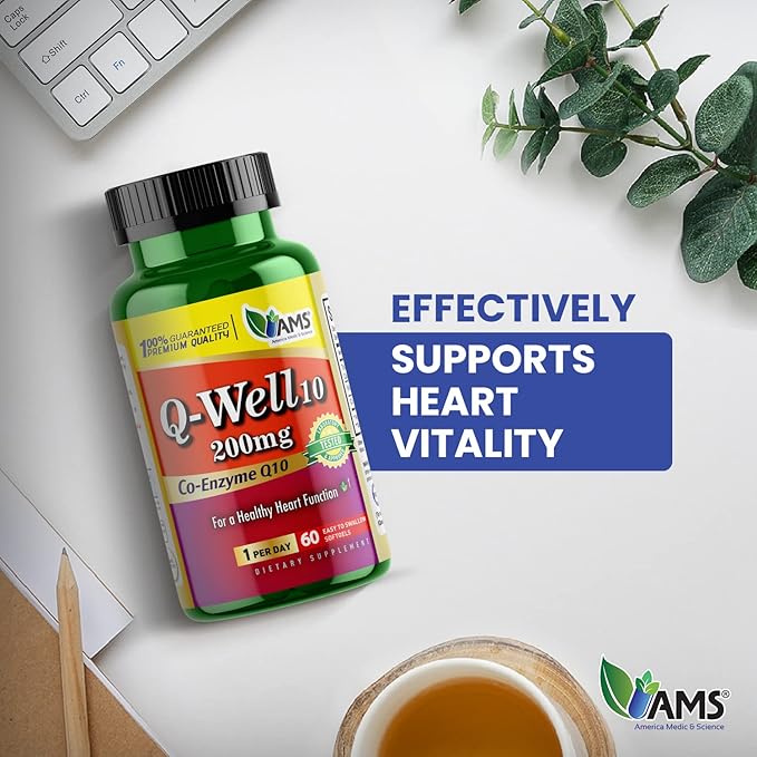 America Medic &amp Science Q-Well-10 (60 Count) | CoQ10 200mg Softgels | Nutritional Supplement with Coenzyme Q10 and Vitamin E | High Absorption Antioxidant for Enhanced Wellness and Heart Health