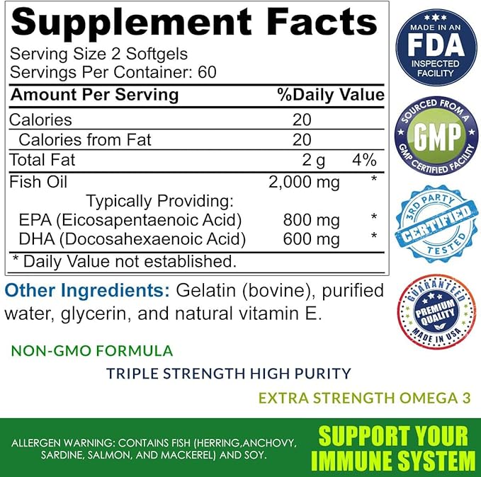 Omega 3 Fish Oil Supplement – 2000mg with EPA DHA &amp Vitamin E – Burpless Triple Strength Support for Men &amp Women – 120 Easy Swallow Softgels