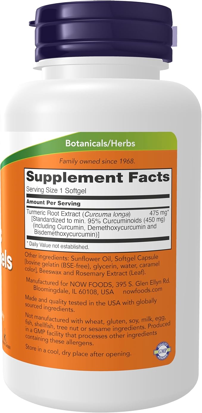 NOW Supplements Tumeric Curcumin (Curcuma longa) Gels Standardized Extract Herbal Supplement with 95% Curcuminoids 60 Softgels