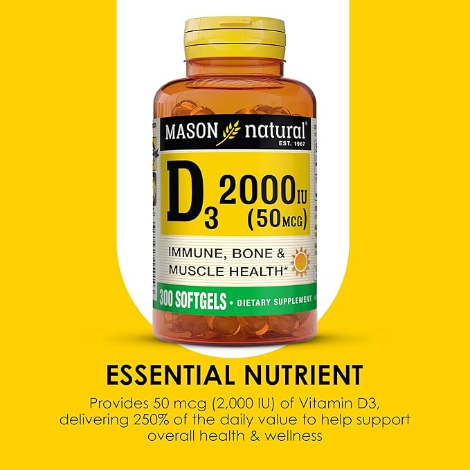 MASON NATURAL Vitamin D3 2000 IU Ultra Strength Supports Bone Density Strength &amp Immune Health 300 Softgels