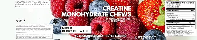 Creatine Tablet Chews 150ct 5G Micronized Monohydrate Sour Candy Mixed Berry Flavor