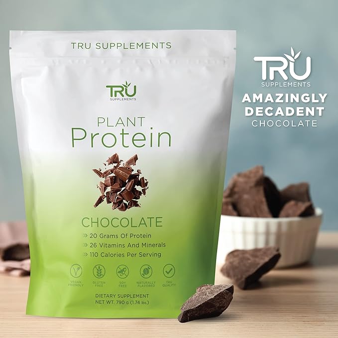 TRU Supplements Plant Based Protein Powder Natural Chocolate Cream 25 Servings with ACV Apple Cider Vinegar Organic 45 Servings Complete Health and Fitness Support Pack