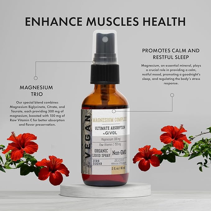 Tri Magnesium Complex - Magnesium Biglycinate Citrate &amp Taurate Liquid Spray 300mg w/Raw Vitamin C and Organic ZINC Boost Mist 40mg (Extra Strength) - Sugar Free with VIT C and Elderberry Extract