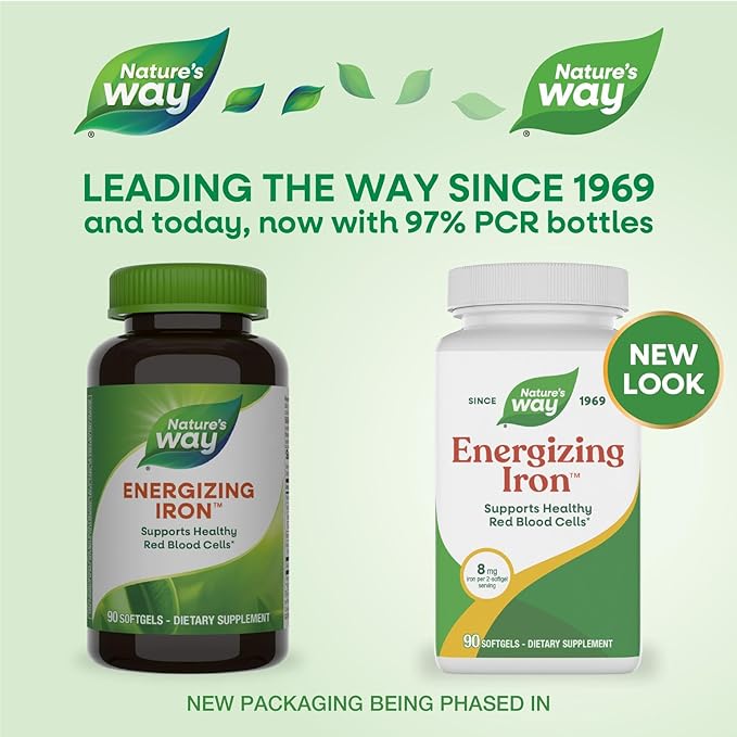Nature's Way Energizing Iron - Red Blood Cell Support* - 8 mg Iron -200 mcg of Cyanocobalamin &amp Vitamin B12 per 2-Softgel Serving - Gluten Free - 90 Softgels