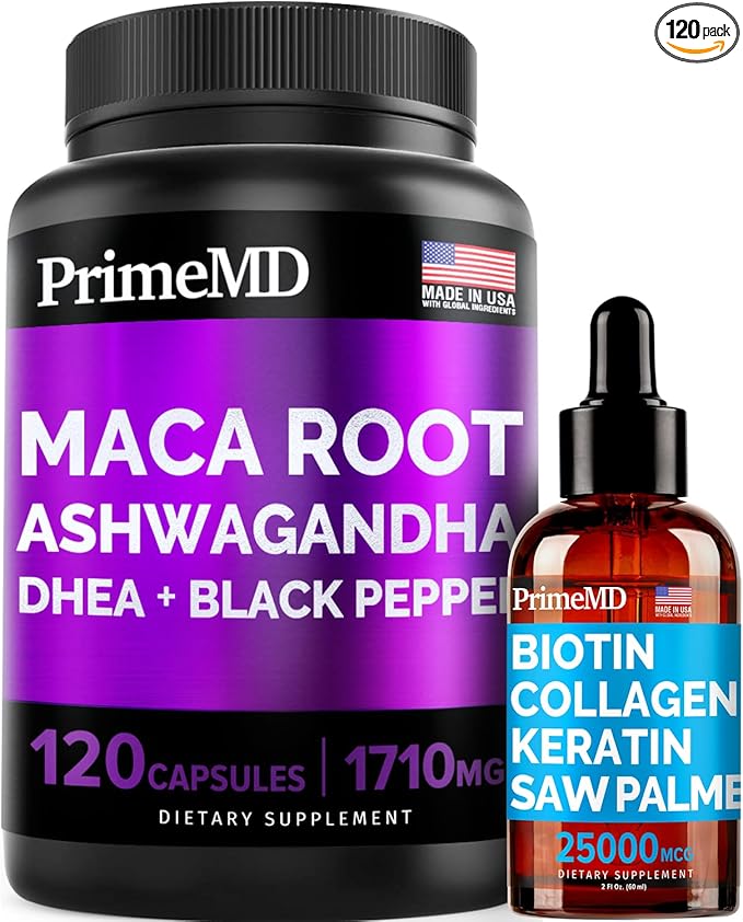 4-in-1 Liquid Biotin Collagen Keratin Saw Palmetto Drops (2 fl oz - 1 Pack) &amp 6-in-1 Maca Root Ashwagandha w Black Pepper Fruit (120ct) Bundle - Hair Skin Nails Energy &amp Mood Support Supple