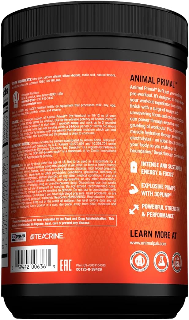 Animal Primal Muscle Hydration + Preworkout Powder – Contains Beta Alanine 3DPump Caffeine &amp Electrolytes – Improves Energy Focus Endurance &amp Absorption – New Dragon Berry Flavor 16.9 oz