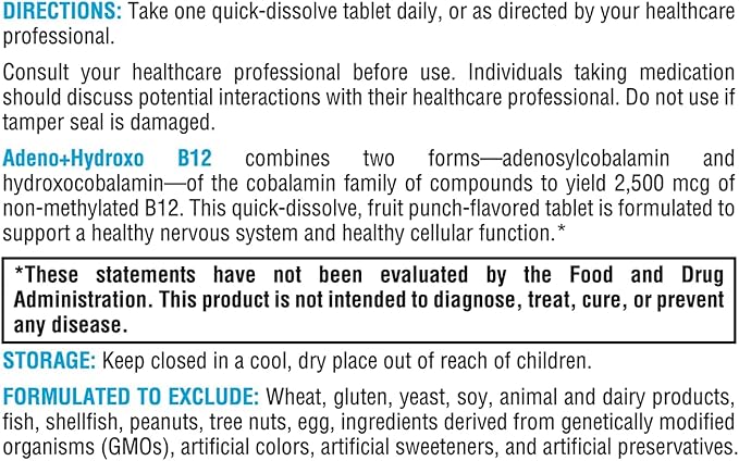 XYMOGEN Adeno+Hydroxo B12-2500 mcg Non-Methylated Vitamin B12 - Nervous System &amp Cellular Energy Support - Quick-Dissolve Tablets - Fruit Punch Flavor - 60 Tablets