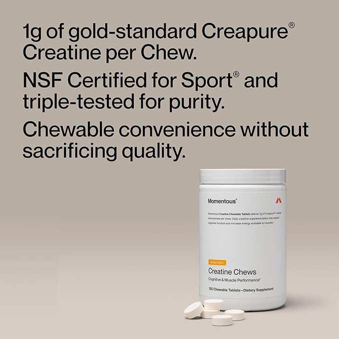 Momentous Creatine Chews - Creatine Monohydrate - Supports Strength Lean Muscle &amp Recovery for Men &amp Women - NSF Certified for Sport - 150 Chewable Tablets - Mango