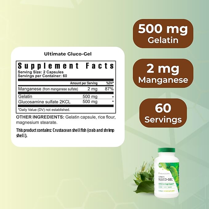 Youngevity Ultimate Gluco-Gel™ – Bone Support Supplement with Glucosamine Sulfate and Gelatin – 120 Capsules