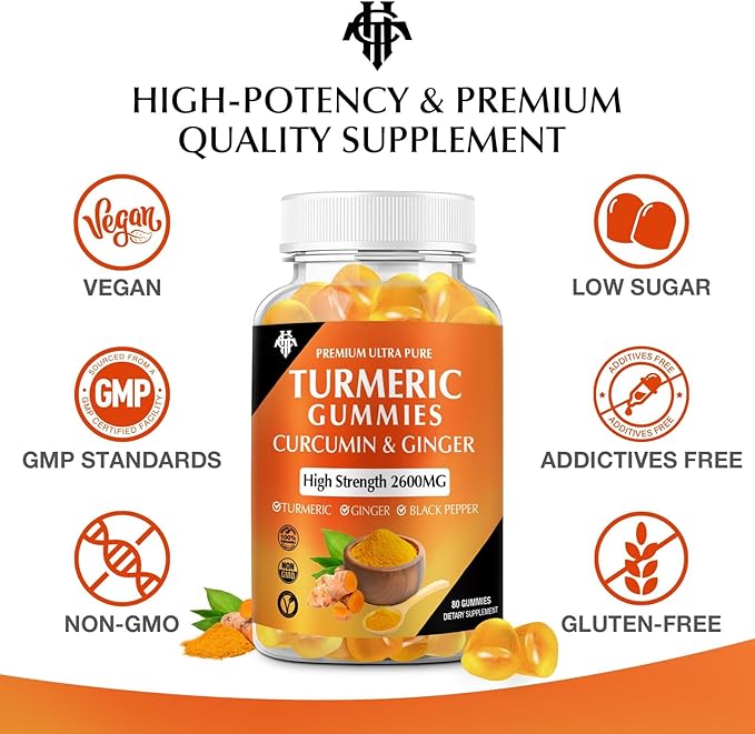 Turmeric Curcumin Gummies with Ginger &amp Black Pepper Vegan Pectin Formula for Immune Boost Healthy Skin &amp Joint Support Chewable Supplement for Adults &amp Teens (3-Pack)
