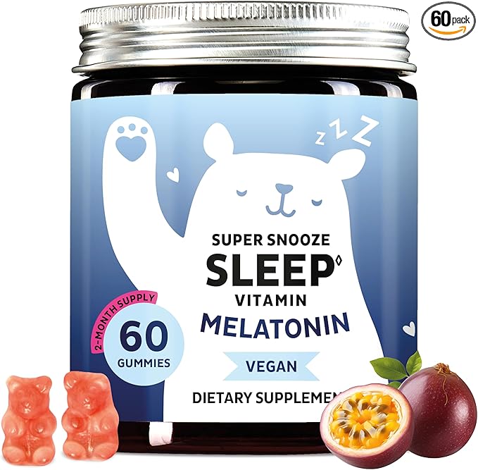 Bears with Benefits Vegan Melatonin 5mg Gummies Sleep Gummies for Reduced time to Fall Asleep with Vitamin B6 &amp Passion Fruit Extract - Super Snooze Sleep Vitamin (60 Gummies)