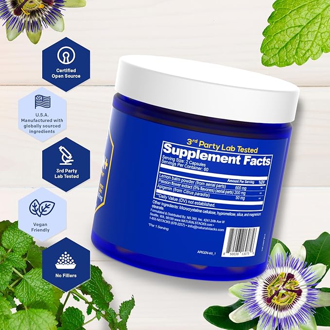 NATURAL STACKS Apigenin Supplement for Sleep - 50mg Apigenin &amp 600mg Lemon Balm - Melatonin Free Sleep Aid - with Passion Flower Extract for Stress Support* - 120 Lemon Balm Capsules