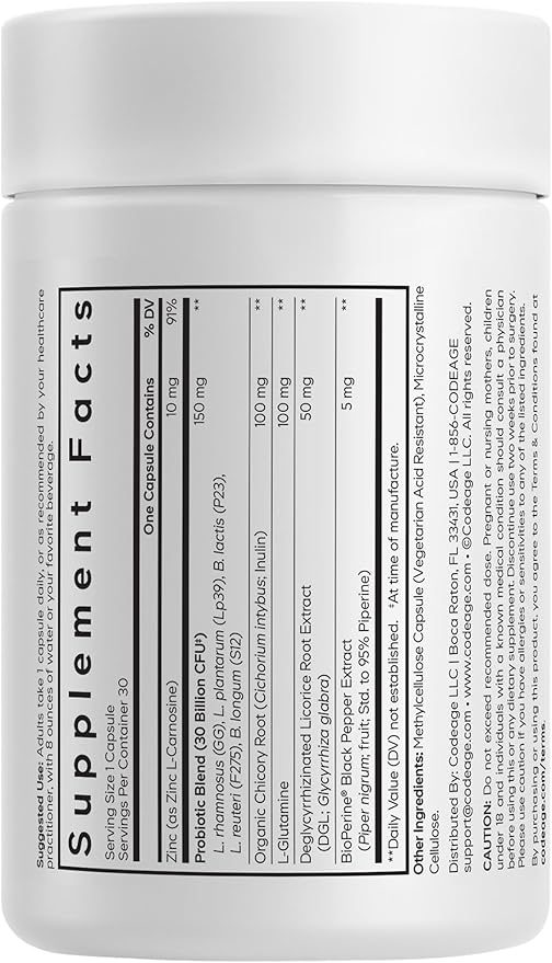 Codeage Daily Synbiotic Supplement - Prebiotics Lactobacillus &amp Bifidobacterium Probiotics L-Glutamine Zinc L-Carnosine DGL Synbiotic Probiotic BioPerine - Shelf-Stable - 30 Capsules