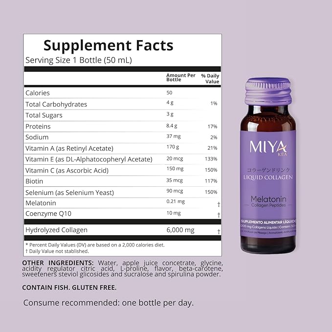 Liquid Collagen with Melatonin | Box with 30 Shots | 6000mg Collagen | Peach Flavor | Supports Skin Hair Nails &amp Sleep Quality | Beauty &amp Wellness Supplement