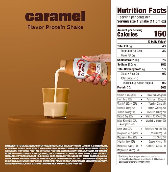 Premier Protein Shake Caramel 30g Protein No Added Sugar 24 Vitamins &amp Minerals to Support Immune Health 11.5 fl oz 12 Pack