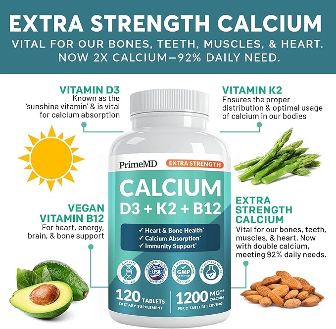 4-in-1 Calcium 1200 mg with Vitamin D3 Supplements for Women and Men - Calcium Extra Strength with Vitamin D3 K2 5000 IU Supplement1200 mg per Serving -Free - Vegan-Friendly (120 Count) (Pack of 1)