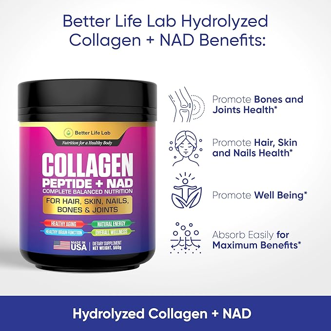 Hydrolyzed Collagen Peptides with NAD – Supports Hair Skin Nails Joints &amp Bones – Type I &amp III Collagen – Grass-Fed Unflavored Powder