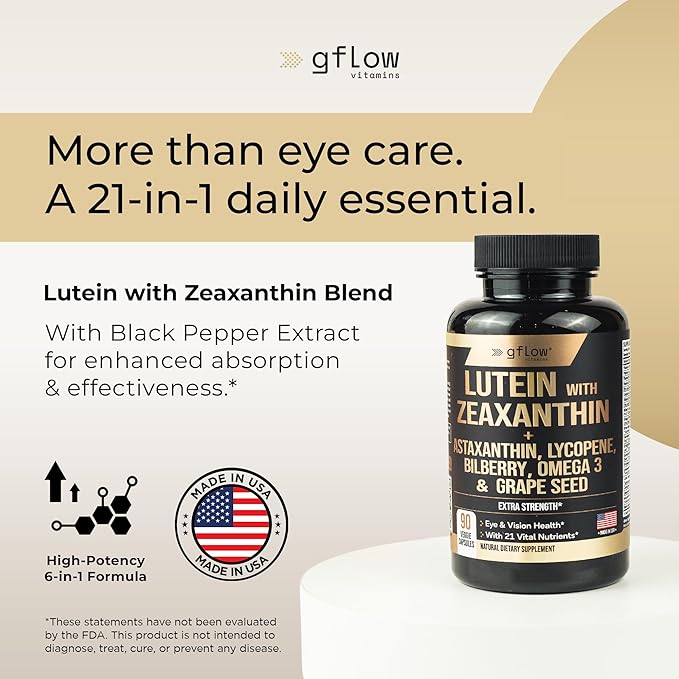 Lutein and Zeaxanthin Supplements - Advanced Eye Vitamins with Astaxanthin Omega 3 Resveratrol Bilberry Lycopene Quercetin Ginkgo Biloba Vitamin D | Health Vision | Made in USA